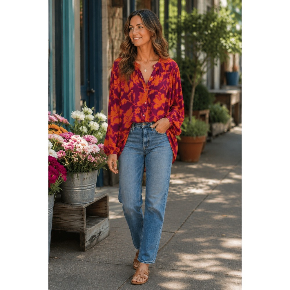 NWT Easel Floral Rayon Gauze Oversized Button Down Blouse Purple Orange L